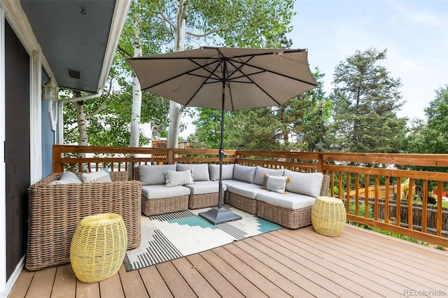 8369 W 77th Way, Arvada, CO 80005 - wooden terrace featuring an outdoor hangout area