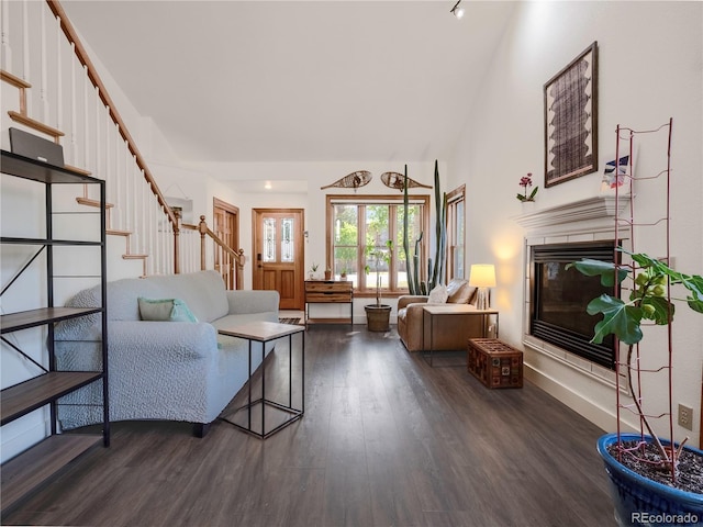 120 S San Juan Ave, Buena Vista, CO 81211 - living room featuring stairs, dark wood-style flooring, and a glass covered fireplace