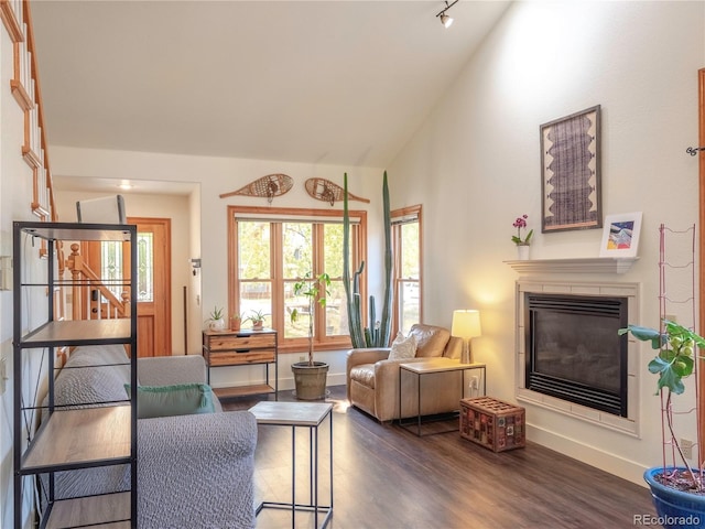 120 S San Juan Ave, Buena Vista, CO 81211 - living area featuring dark wood-style floors, a glass covered fireplace, stairs, baseboards, and high vaulted ceiling