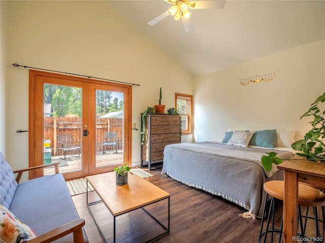 120 S San Juan Ave, Buena Vista, CO 81211 - bedroom with high vaulted ceiling, multiple windows, access to outside, wood finished floors, and french doors