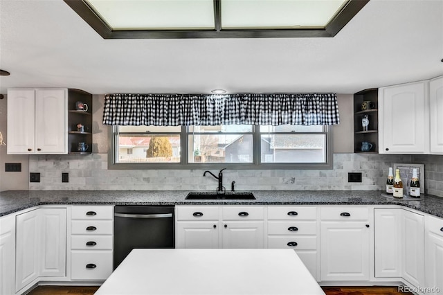 kitchen with decorative backsplash, sink, white cabinets, and stainless steel dishwasher