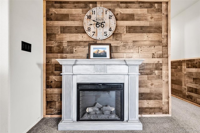 room details with carpet flooring and wood walls