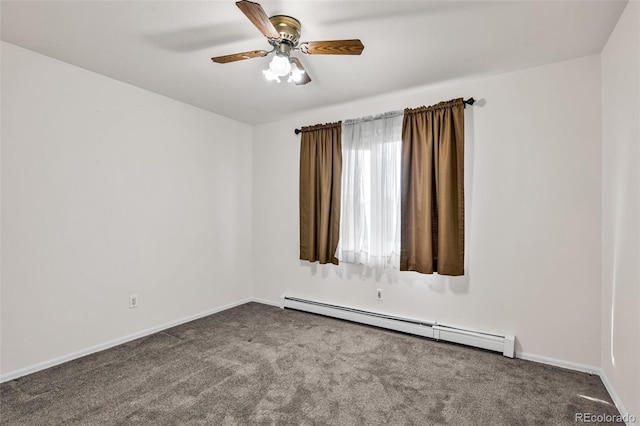 unfurnished room with ceiling fan, carpet, and a baseboard radiator