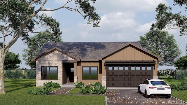 view of front of house featuring a front yard, driveway, an attached garage, stone siding, and board and batten siding