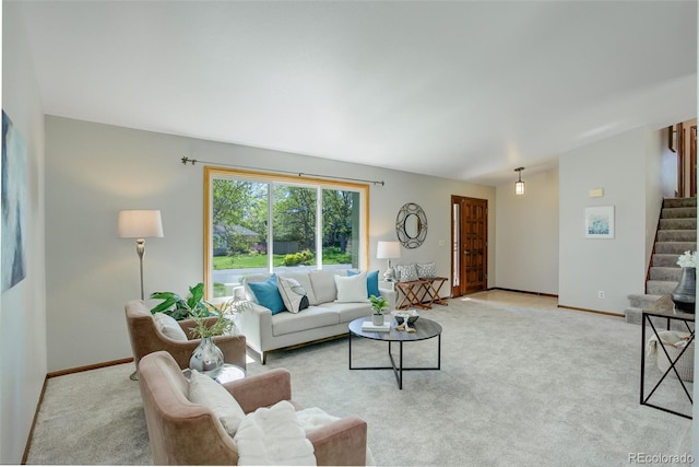 7877 W 110th Dr, Westminster, CO 80021 - living room with stairway, baseboards, and light colored carpet