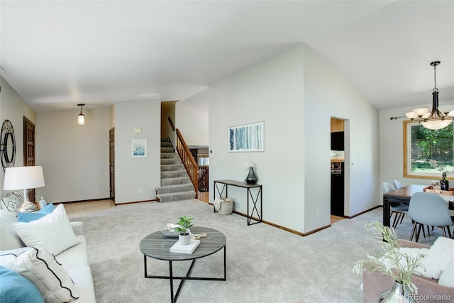 7877 W 110th Dr, Westminster, CO 80021 - living room featuring stairway, carpet floors, lofted ceiling, baseboards, and a chandelier