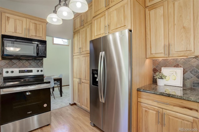 7877 W 110th Dr, Westminster, CO 80021 - kitchen featuring appliances with stainless steel finishes, light brown cabinets, dark stone countertops, backsplash, and light wood-style floors