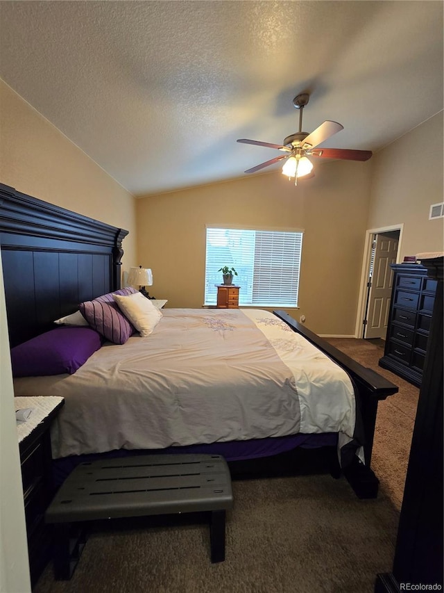 5131 Delphinium Cir, Brighton, CO 80601 - carpeted bedroom with vaulted ceiling, ceiling fan, and a textured ceiling