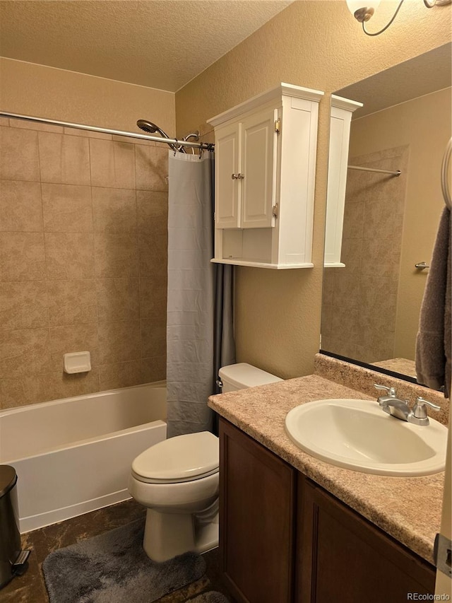 5131 Delphinium Cir, Brighton, CO 80601 - full bath with vanity, toilet, shower / bath combo, a textured wall, and a textured ceiling