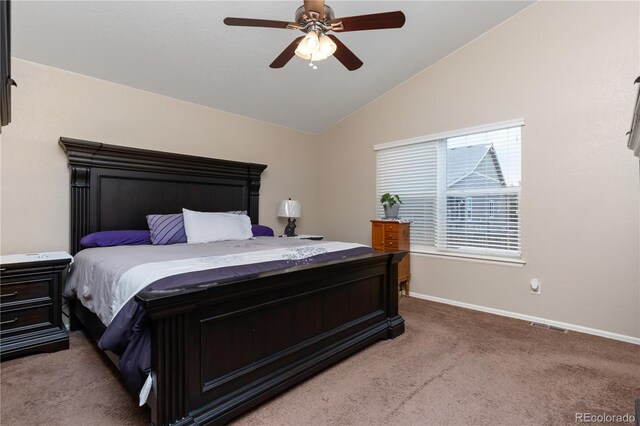 5131 Delphinium Cir, Brighton, CO 80601 - bedroom featuring carpet flooring, lofted ceiling, and a ceiling fan
