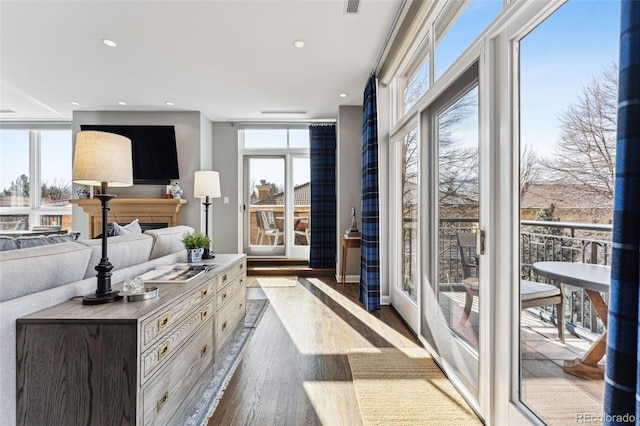 living room featuring hardwood / wood-style floors, a wealth of natural light, and a wall of windows