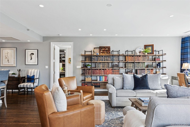 living room featuring dark wood-type flooring