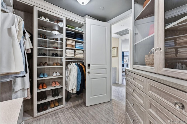 walk in closet featuring light colored carpet