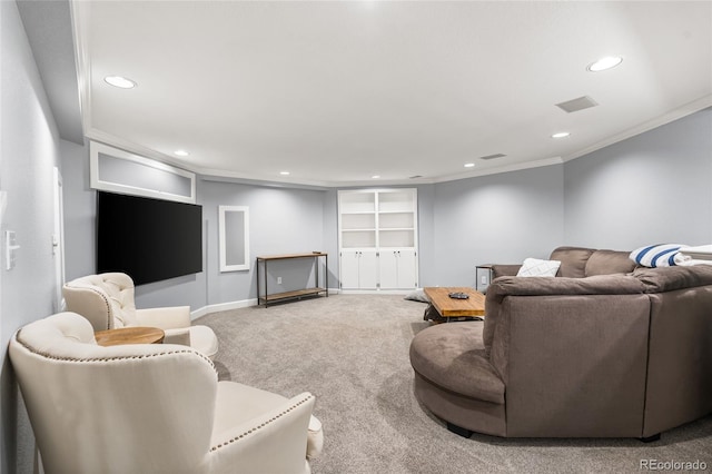 18963 E Long Ave, Centennial, CO 80016 - carpeted living area with recessed lighting, crown molding, and built in shelves