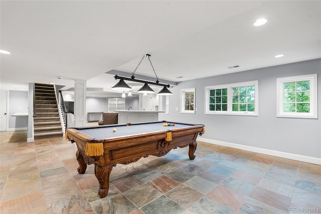 18963 E Long Ave, Centennial, CO 80016 - game room featuring bar, billiards, recessed lighting, and light stone finish floors