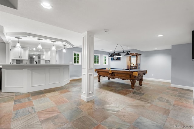 18963 E Long Ave, Centennial, CO 80016 - game room with stone tile flooring, billiards, recessed lighting, and decorative columns