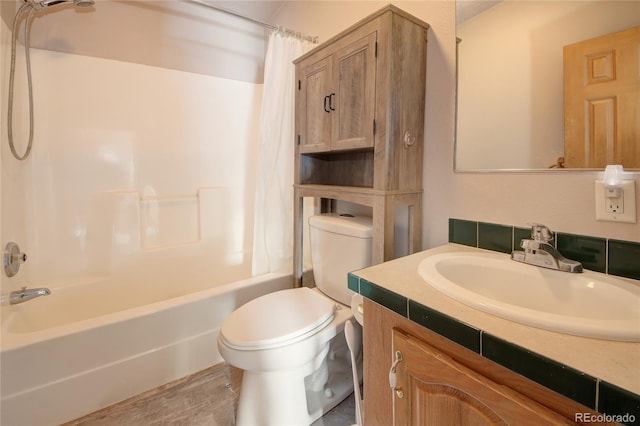 full bathroom with shower / tub combo, vanity, toilet, and wood-type flooring