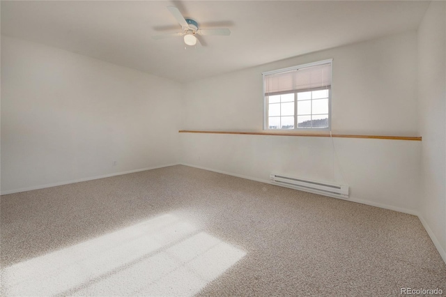 unfurnished room featuring carpet, ceiling fan, and a baseboard heating unit