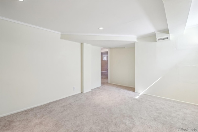 interior space featuring visible vents, ornamental molding, recessed lighting, carpet floors, and baseboards