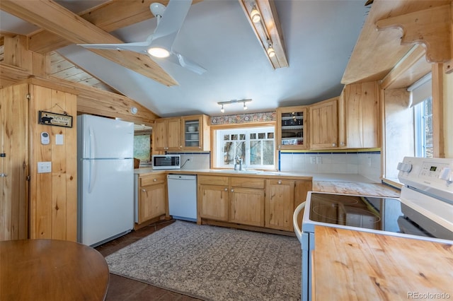 9185 US Highway 285, Salida, CO 81201 - kitchen featuring white appliances, plenty of natural light, glass insert cabinets, and a ceiling fan