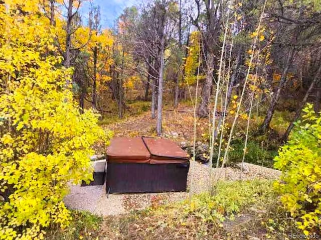 9185 US Highway 285, Salida, CO 81201 - view of storm shelter featuring a jacuzzi and a view of trees