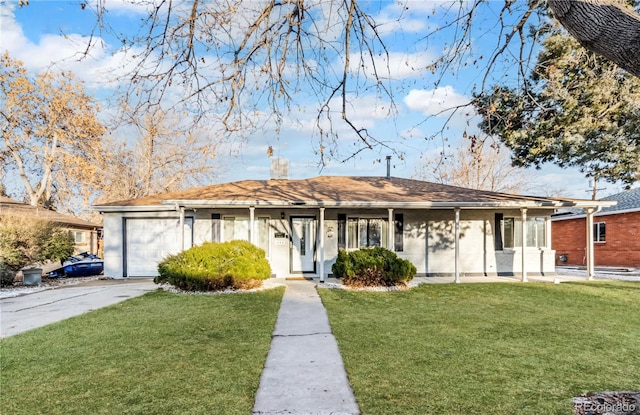 ranch-style home with a garage, a front yard, and a porch