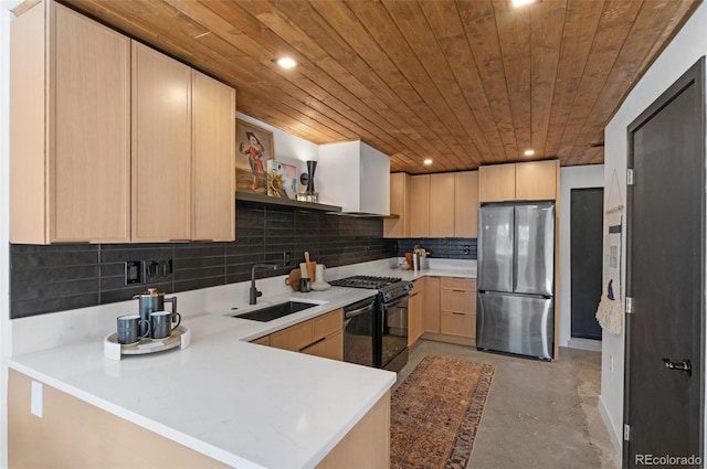 kitchen with sink, wood ceiling, stainless steel refrigerator, kitchen peninsula, and decorative backsplash