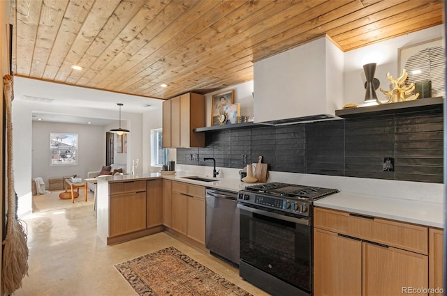 kitchen featuring pendant lighting, sink, wood ceiling, backsplash, and stainless steel appliances