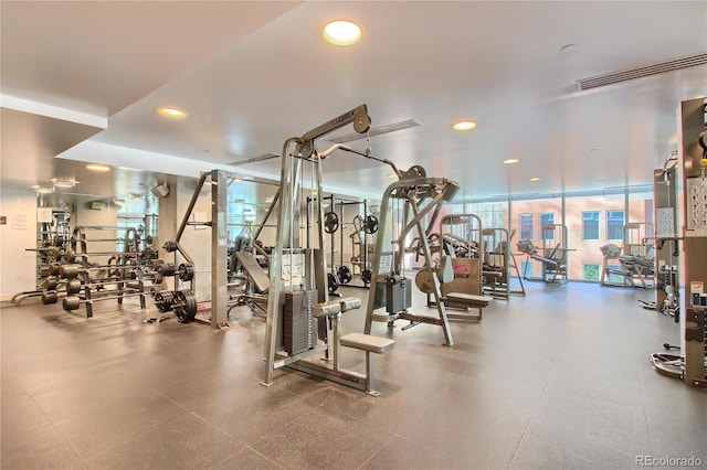 gym with a wall of windows