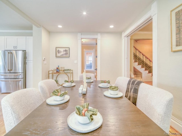 541 Fox St, Denver, CO 80204 - dining area featuring stairs, ornamental molding, and recessed lighting