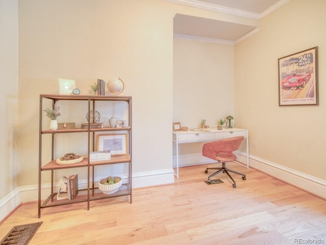 541 Fox St, Denver, CO 80204 - office area featuring wood finished floors and crown molding
