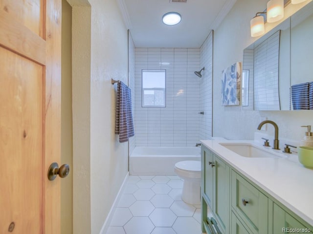 541 Fox St, Denver, CO 80204 - full bathroom featuring crown molding, tile patterned floors, vanity, a textured wall, and shower / bath combination