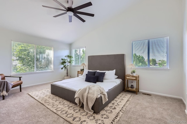 11729 Elmer Linn Dr, Longmont, CO 80504 - bedroom with carpet floors, high vaulted ceiling, and a ceiling fan