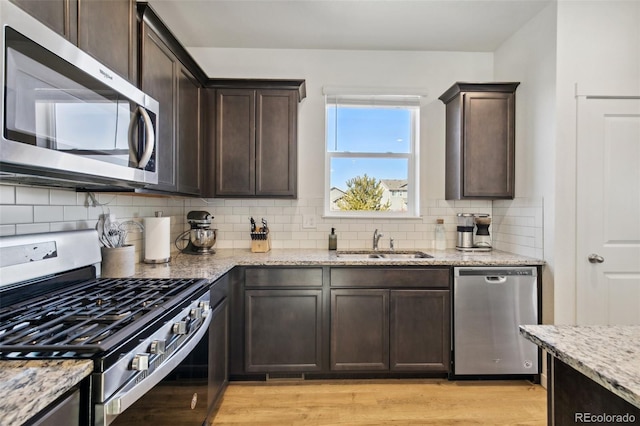 kitchen featuring backsplash, appliances with stainless steel finishes, a sink, dark brown cabinets, and light stone countertops