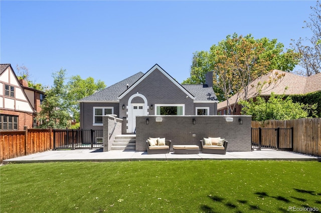 420 N Colorado Blvd, Denver, CO 80206 - back of house with outdoor lounge area, a patio, brick siding, and a chimney