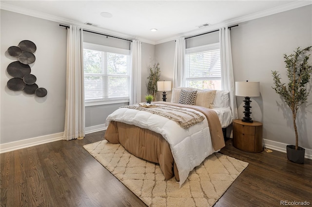 420 N Colorado Blvd, Denver, CO 80206 - bedroom with multiple windows, ornamental molding, baseboards, dark wood-style flooring, and recessed lighting