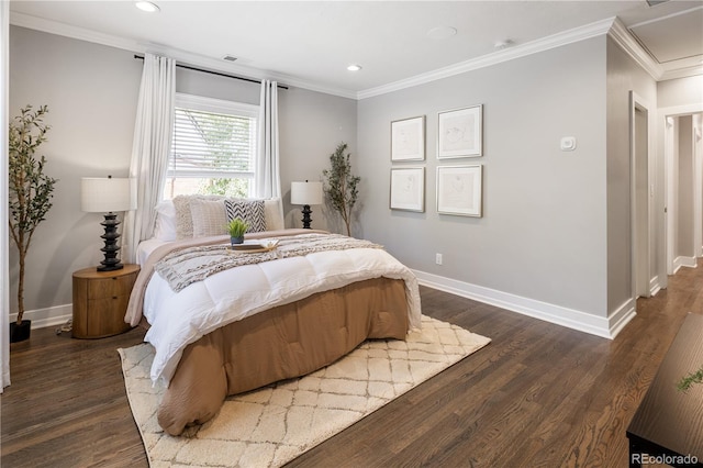 420 N Colorado Blvd, Denver, CO 80206 - bedroom featuring crown molding, baseboards, recessed lighting, and dark wood-style flooring