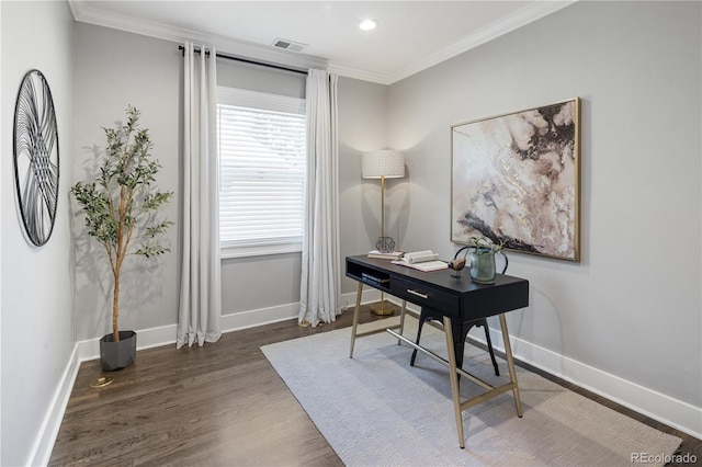 420 N Colorado Blvd, Denver, CO 80206 - office space with crown molding, baseboards, wood finished floors, and recessed lighting