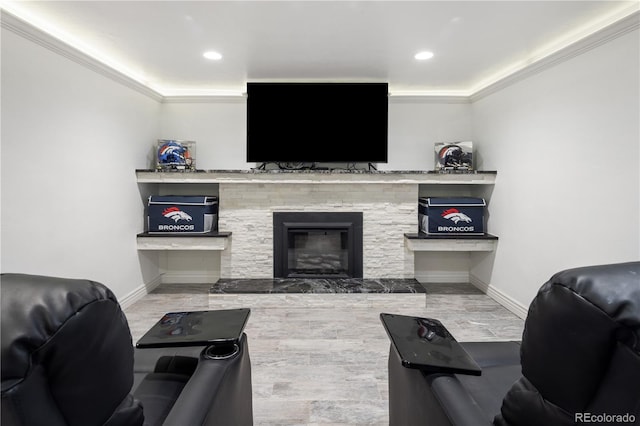420 N Colorado Blvd, Denver, CO 80206 - living room with crown molding, baseboards, wood finished floors, recessed lighting, and a fireplace