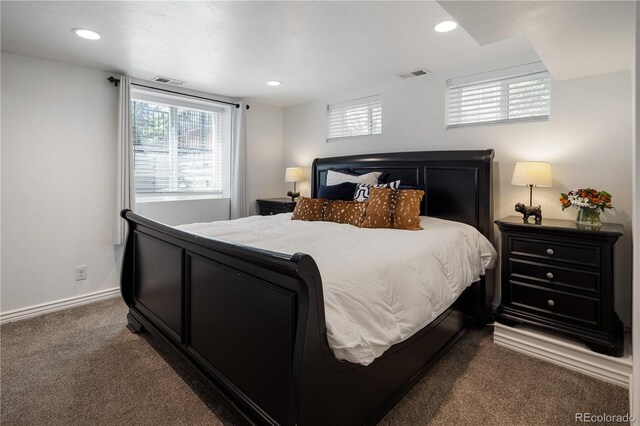 420 N Colorado Blvd, Denver, CO 80206 - bedroom with dark colored carpet, multiple windows, recessed lighting, and baseboards