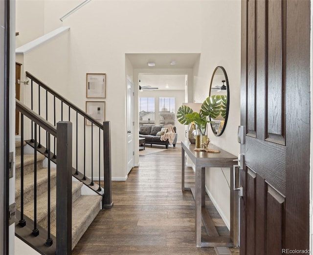 foyer entrance with dark hardwood / wood-style floors and ceiling fan