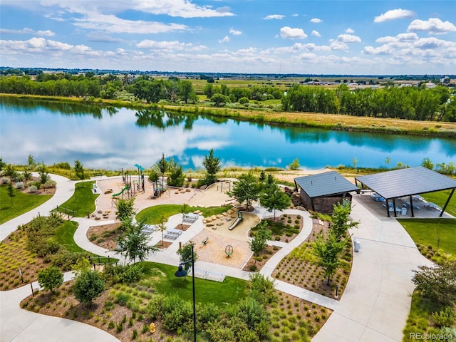 drone / aerial view with a water view