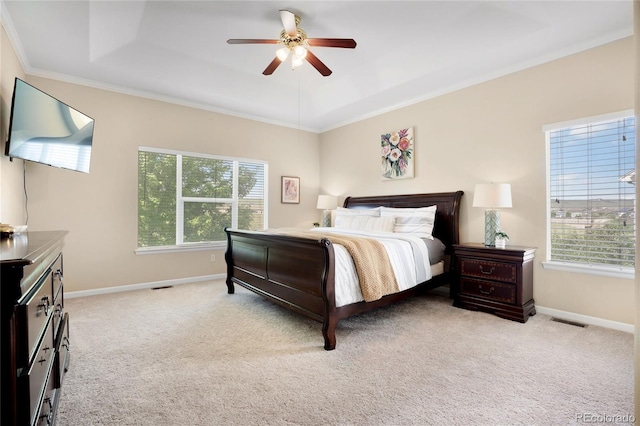 15502 E Flower Mound Pl, Parker, CO 80134 - bedroom with light carpet, crown molding, and ceiling fan