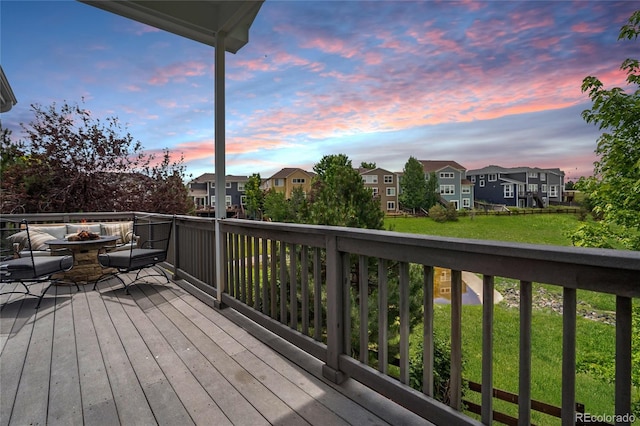 15502 E Flower Mound Pl, Parker, CO 80134 - deck with a fire pit, a residential view, and a lawn