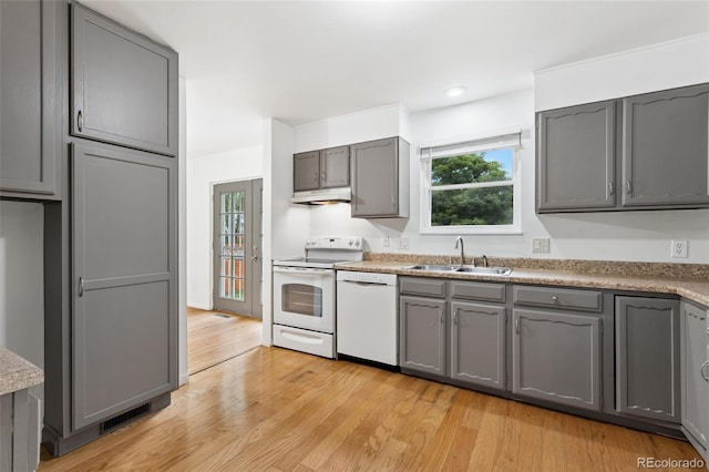 4617 S Norfolk Way, Aurora, CO 80015 - kitchen featuring white appliances, gray cabinets, under cabinet range hood, light wood-style floors, and healthy amount of natural light