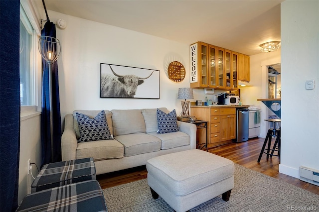3295 Apres Ski Way Unit B9, Steamboat Springs, CO 80487 - living area featuring dark wood-style floors, bar, and baseboard heating