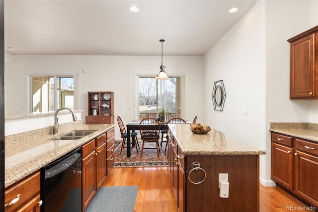 kitchen featuring dishwasher, light wood-type flooring, a sink, and plenty of natural light