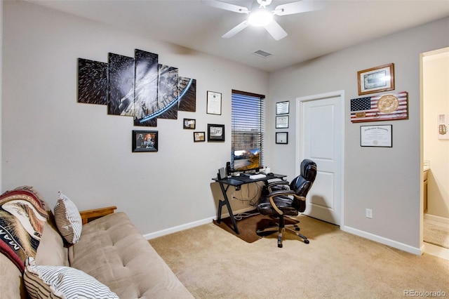 2415 Bluestem Willow Dr, Loveland, CO 80538 - office area featuring light colored carpet, baseboards, and a ceiling fan
