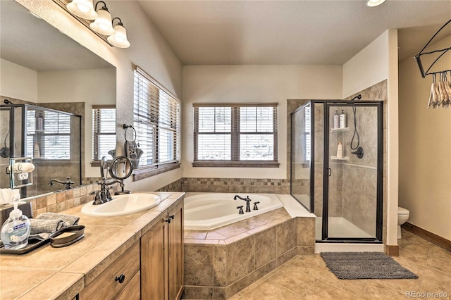 full bath featuring a bath, tile patterned floors, and a stall shower