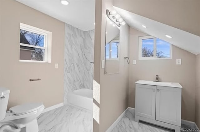 1021 Lake Ave, Pueblo, CO 81004 - full bathroom with toilet, vanity, marble finish flooring, plenty of natural light, and recessed lighting